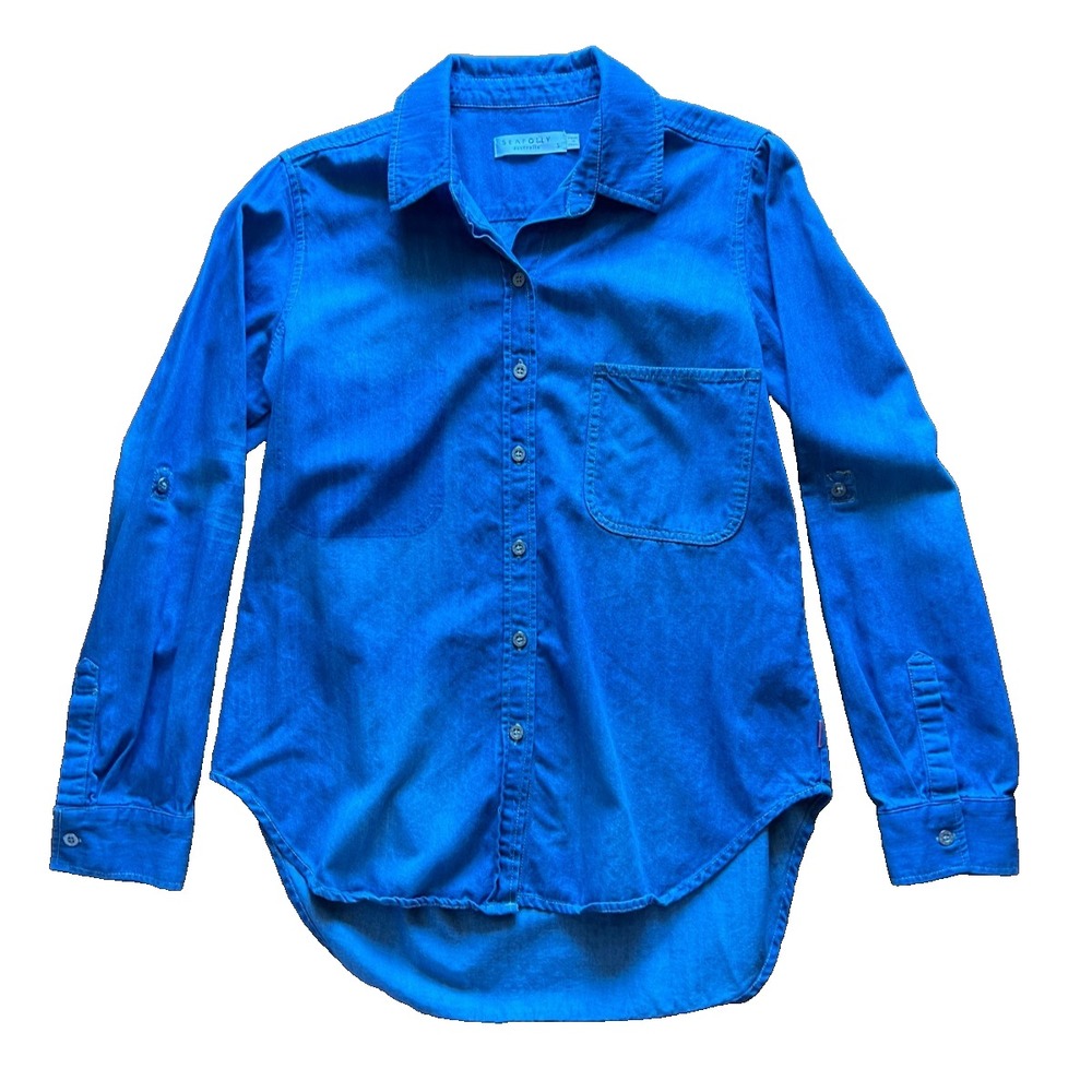 Seafolly‎ Blue Denim Chambray Shirt Shaded Pocket Roll Up Sleeve  Size S